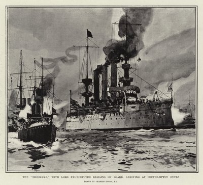 Brooklyn, med Lord Pauncefote forblir om bord, ankommer Southampton Docks av Charles Edward Dixon